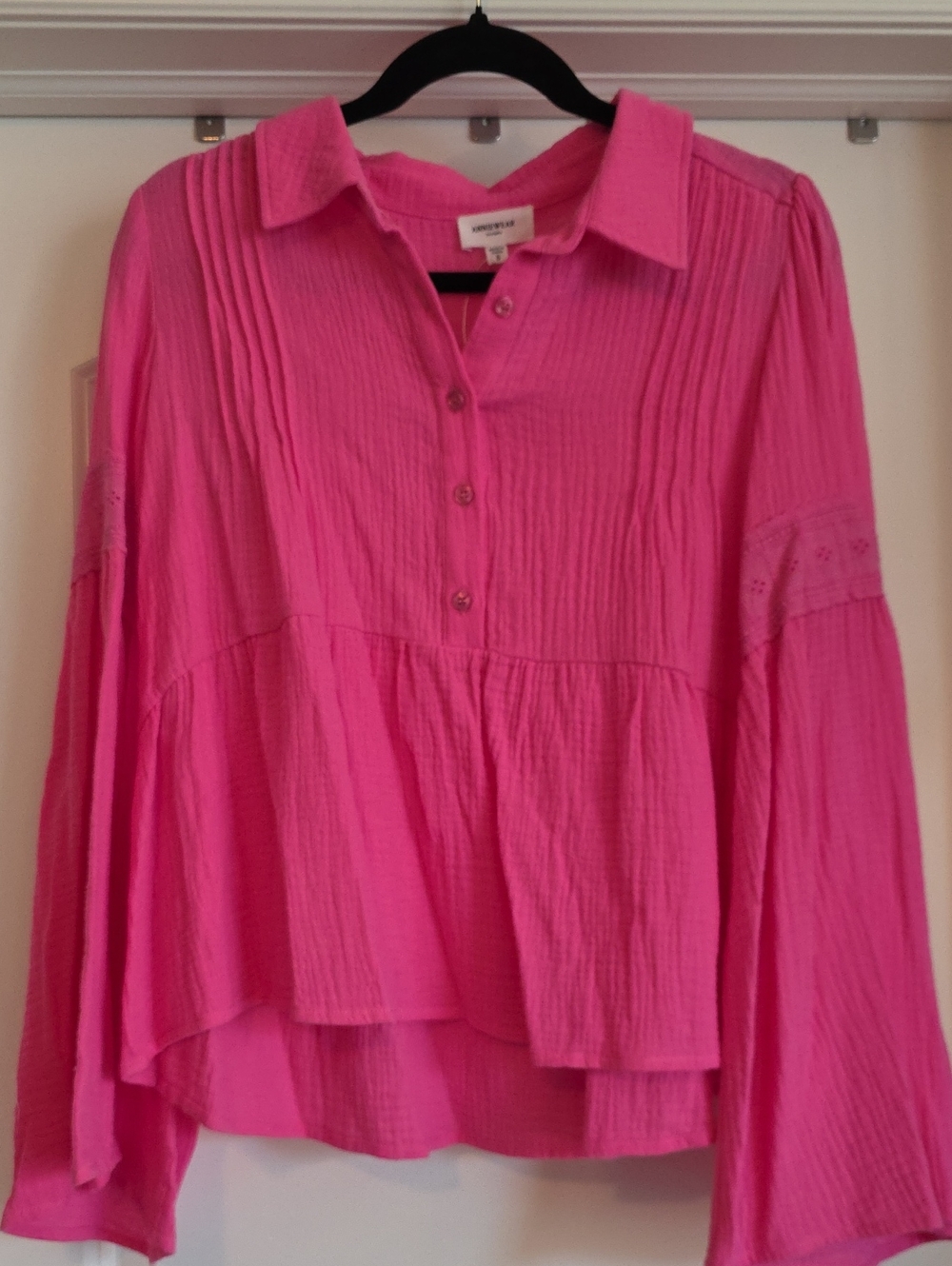 NWOT Anniewear Oversized Small Hot Pink Button-Front Peasant Tunic Blouse